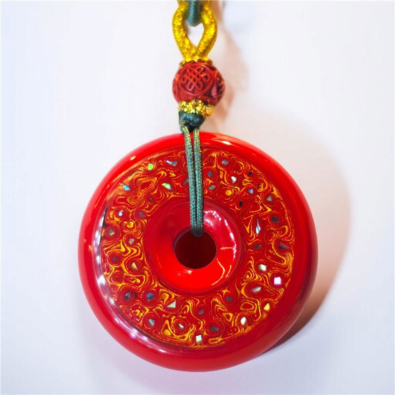 大漆珐琅彩 (平安扣) 朱砂吊坠 (38mm)