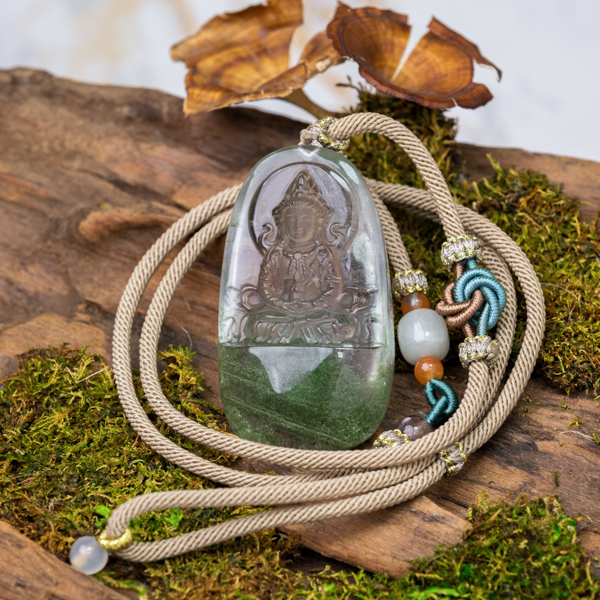 Green Phantom Quartz Crafted Guanyin Pendant Necklace