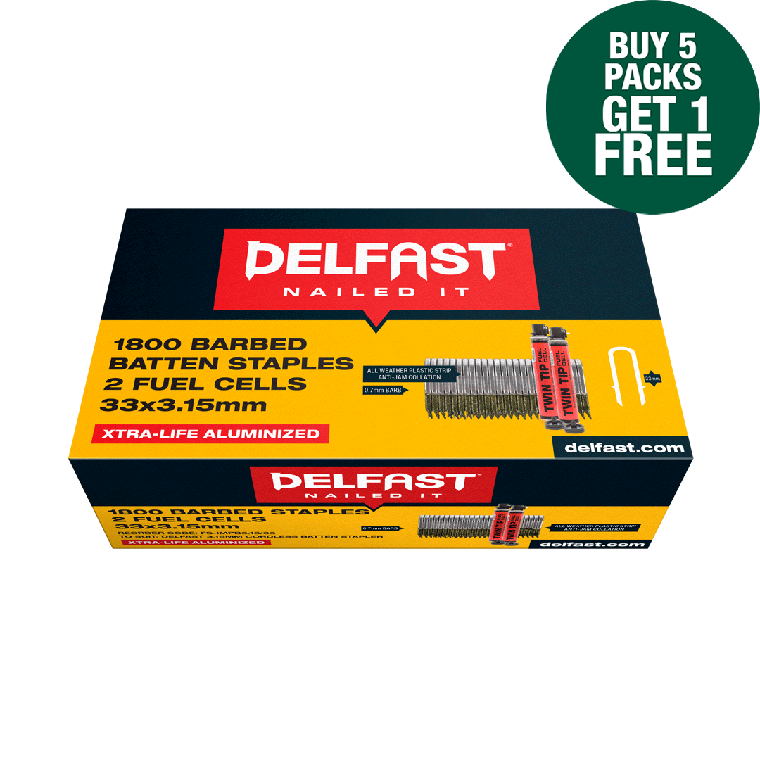 Delfast Batten Staple Galv Barbed w Fuel 33x3.15 1800 Packet